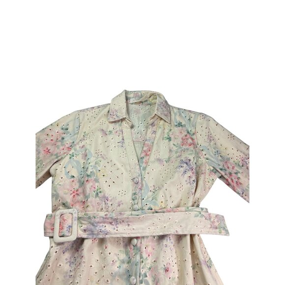 Solitaire Womens Denim Floral Eyelet Shirt Dress With Belt M Button Front Pastel - Picture 2 of 9